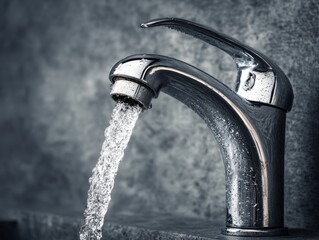 Gleaming chrome faucet with flowing water against a textured gray background capturing freshness and cleanliness in a modern bathroom with a macro lens and soft lighting