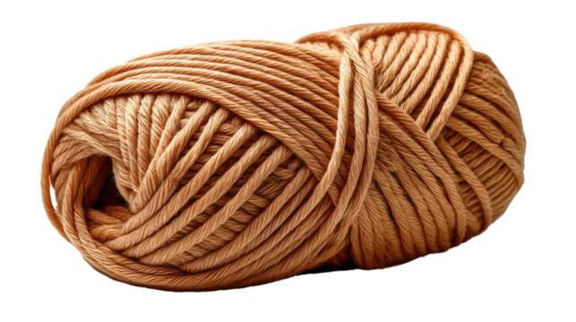 Soft Yarn Ball: A close-up shot of a ball of soft yarn, its golden brown fibers neatly coiled, inviting the touch and hinting at the creation of a warm, comforting textile.