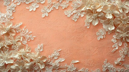 Elegant peach wedding announcement background features delicate floral lace embellishments, perfect for a sophisticated and romantic invitation or save the date card design.