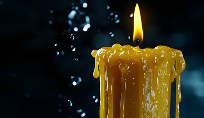 Yellow candle burning on a dark background with water droplets. Yellow wax dripping down the side of a tall,