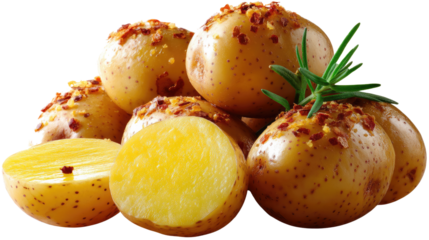 Golden Potatoes: Appetizing composition featuring freshly baked potatoes with rosemary sprig, ideal for foodies, culinary projects, and editorial use.