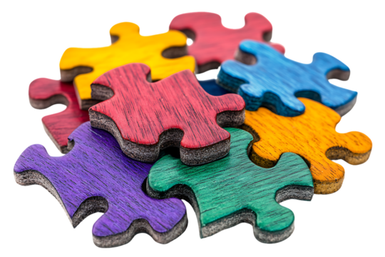 Colored Wooden Puzzle Pieces: Interlocking Shapes, Isolated on White