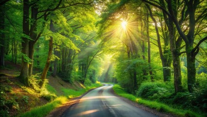 Fototapeta premium Sunlit Path Through a Lush Green Forest Canopy with Rays of Sunlight Illuminating the Winding Road