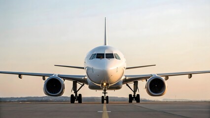 Obraz premium Commercial Airplane Front View On Runway Preparing For Take Off At Sunrise