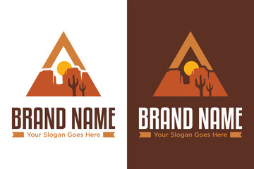 desert sunset with mountains and cactus illustration vector logo design
