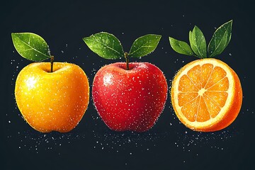 Apples & Orange Slice with Leaves, Black Backdrop, Refreshing Look, Realistic Rendering