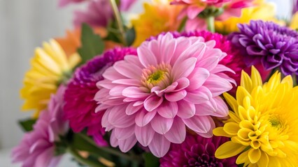 Colorful Bouquet Featuring Pink Purple And Yellow Dahlias In Full Bloom