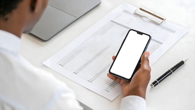 African American Man Analyzing Data And Using Mobile Phone With Empty Screen