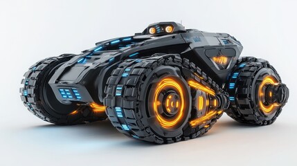 Futuristic off-road vehicle with glowing accents.  A highly advanced, armored all-terrain vehicle with intricate details and vibrant lighting
