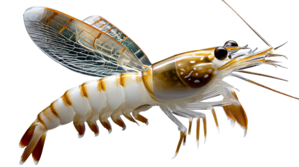Whimsical Crustacean's Ascent: A detailed digital rendering of a fantastic shrimp-like creature with iridescent wings, showcasing the blend of nature and imagination.