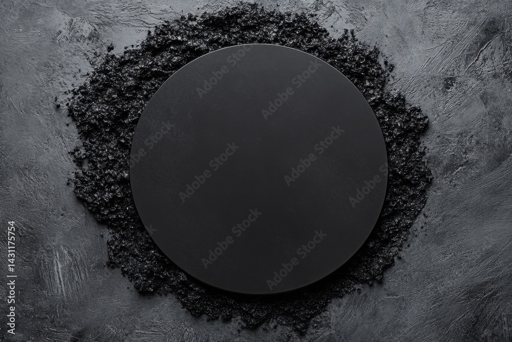 Canvas Prints dark monochrome composition featuring a smooth black circle surrounded by textured granules on a con