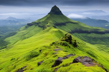 Majestic Green Mountain Peak Dramatic Landscape Stunning View Lush Hills