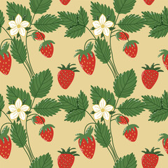 Seamless Pattern of Strawberry Plants with Fruits and Flowers on Yellow Background