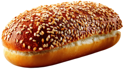 Golden Sesame Bread Perfection: A close-up shot of a perfectly baked sesame bread roll, ready for any culinary creation, from gourmet sandwiches to the ultimate hot dog. This image is mouth-watering.