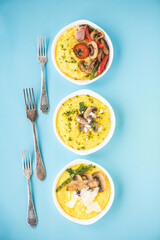 Corn grits diet menu. Vegan porridge and vegetable dish. Healthy lifestyle diet plan.