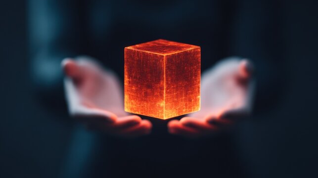 a floating cube representing blockchain, with blurred figure in the background stretching arms to embrace it