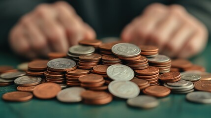 A stack of money divided into neat portions, symbolizing savings and budgeting, with a blurred elderly person in the background.