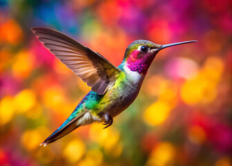 Fototapeta premium A colorful flying hummingbird with a colorful background. A green hummingbird in mid flight with blurred wings. Surrounded by colorful background