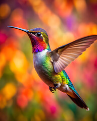 Fototapeta premium A colorful flying hummingbird with a colorful background. A green hummingbird in mid flight with blurred wings. Surrounded by colorful background