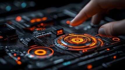 Obraz premium Futuristic Control Panel with Glowing Orange Elements and Human Interaction in Dark Environment