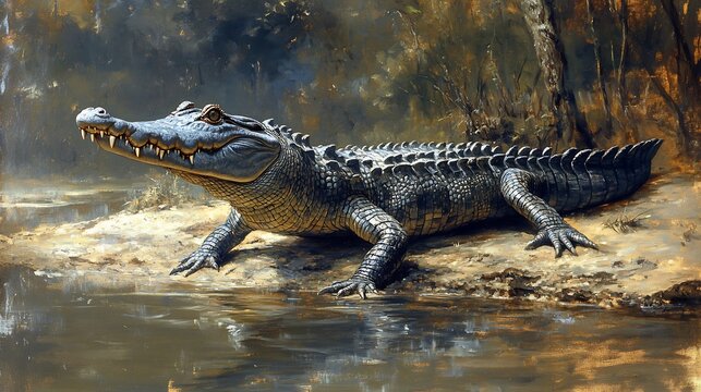 Fierce gharial crocodile resting on a riverbank its long narrow snout lined with razor sharp teeth