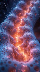 Abstract close-up of glowing orange liquid with blue and white foam texture.