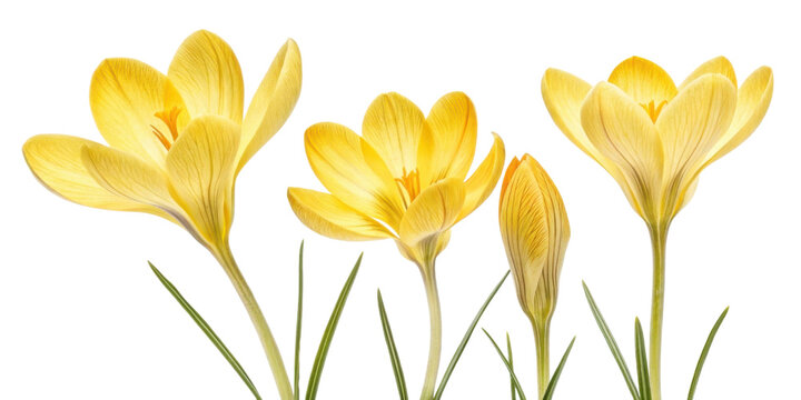 Bright yellow crocus flowers bloom gracefully, showcasing their delicate petals and vibrant beauty in stunning display of nature