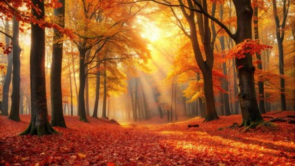 Autumnal Sunlight Illuminates a Path Through a Mystical Forest of Golden and Red Leaves