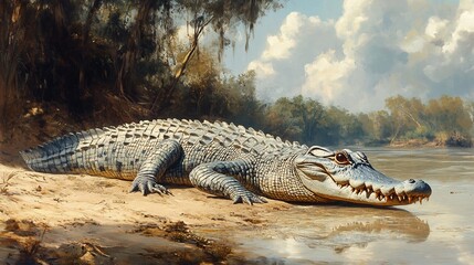 Fierce gharial crocodile resting on a riverbank its long narrow snout lined with razor sharp teeth