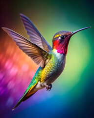 Fototapeta premium A hummingbird in full spectrum. A colorful hummingbird frozen in mid-air. Humming bird showcasing iridescent feathers.
