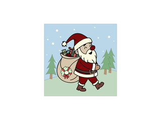 A cartoon depiction of Santa Claus walking across a snowy landscape, carrying a large sack filled with gifts.