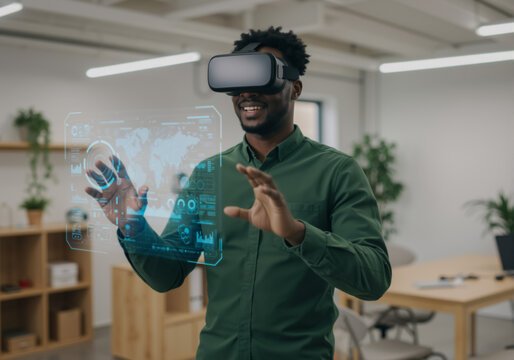 Young African American professional man entrepreneur using VR headset in modern office. Black office worker man in green shirt gesturing with virtual reality interface. Augmented reality in business
