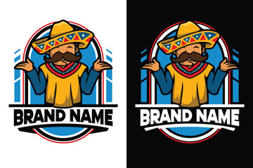 emblem badge Sad Mexican man in sombrero mascot character illustration vector logo design
