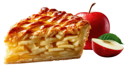 Slice of Apple Pie and Fresh Apples: A delectable slice of apple pie, showcasing a flaky crust and a filling of tender apples, accompanied by a vibrant red apple and slices.