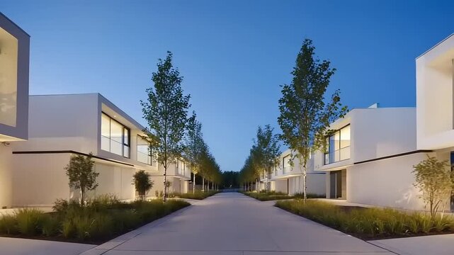 Modern residential row houses, illuminated at dusk