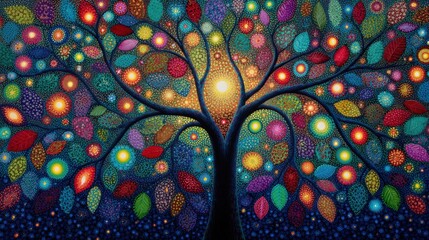 A vibrant, colorful artwork depicting a tree with intricate patterns and glowing lights, symbolizing life and energy against a dark background.