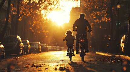 A father encourages his young son as he learns to ride a bicycle on a quiet road