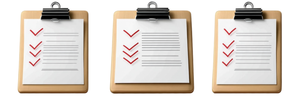 Three clipboards with checklists representing organization, productivity, and task management in a professional setting. on transparent background
