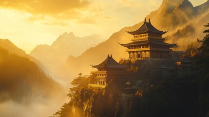 Naklejka premium Golden sunset over ancient temple nestled in a dramatic mountain valley