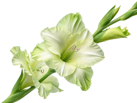 Fototapeta Gladiolus flowers bloom gracefully with their elegant petals showcasing soft green hue. Their beauty brings joy to any garden or arrangement