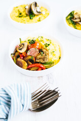 Vegan dish with corn porridge. Italian polenta. Healthy food for every day.