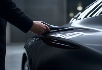 Close-up of a hand with a microfiber cloth cleaning the black car body, a male worker in uniform 