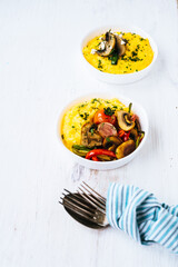 Grilled vegetables with corn grits porridge. Italian polenta. Healthy food for every day.