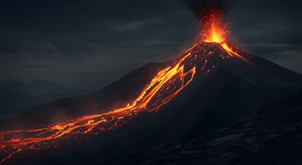 Volcano Eruption with Lava Flowing Down Mountain