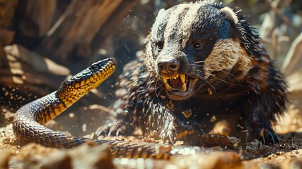 Fierce honey badger standing its ground against a venomous snake sharp claws ready cinematic wildlife battle scene