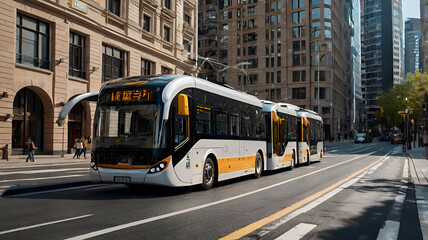 Fototapeta premium Bullet-speed, solar-powered buses gliding on magnetic roads through the heart of the city with AI conductors.