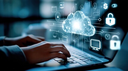 A person typing on a keyboard with a digital cloud interface, representing cloud computing and data security concepts.