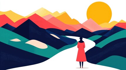 A colorful landscape featuring a woman in a red dress standing on a winding path, surrounded by stylized mountains and a bright sun.