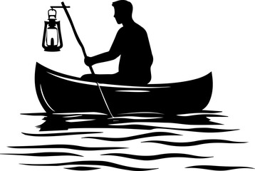 Canoe man and lantern black and white vector illustration, simple silhouette design