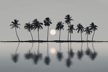 Obraz premium Row of palm trees silhouette on beach horizon, moonlight reflection, monochromatic design, screen print style for t-shirt